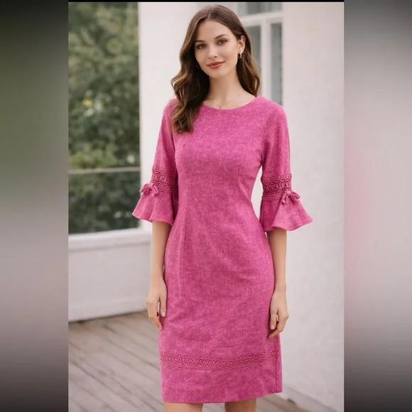 Vintage Pink woven Linen Blend Dress Lace Trim Bell Sleeve Cottagecore 70s 80s - Picture 1 of 12